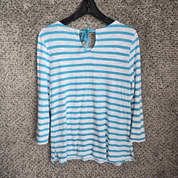Chicos Top Womens 1 US Medium Blue Striped Slub Knit Scoop Neck Beaded Tie - Picture 8 of 8